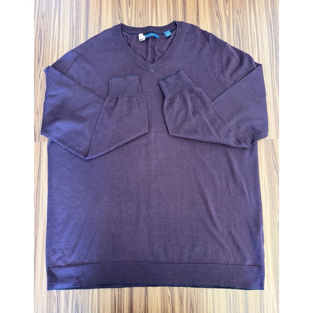 V-neck Striped Sweater XLT Perry Ellis Navy Purple Preppy Quiet Luxury Old Money